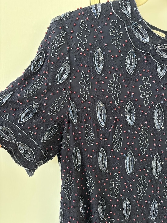 Frank Usher Navy Beaded Embroidered Top Heavy Luxe Blouse Event Quiet Luxury S - Picture 3 of 16